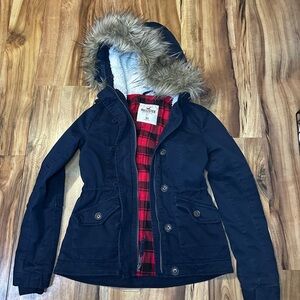 Hollister Womens XS Navy Faux Fur Hood Parka Jacket Plaid Lined Winter Coat Y2K